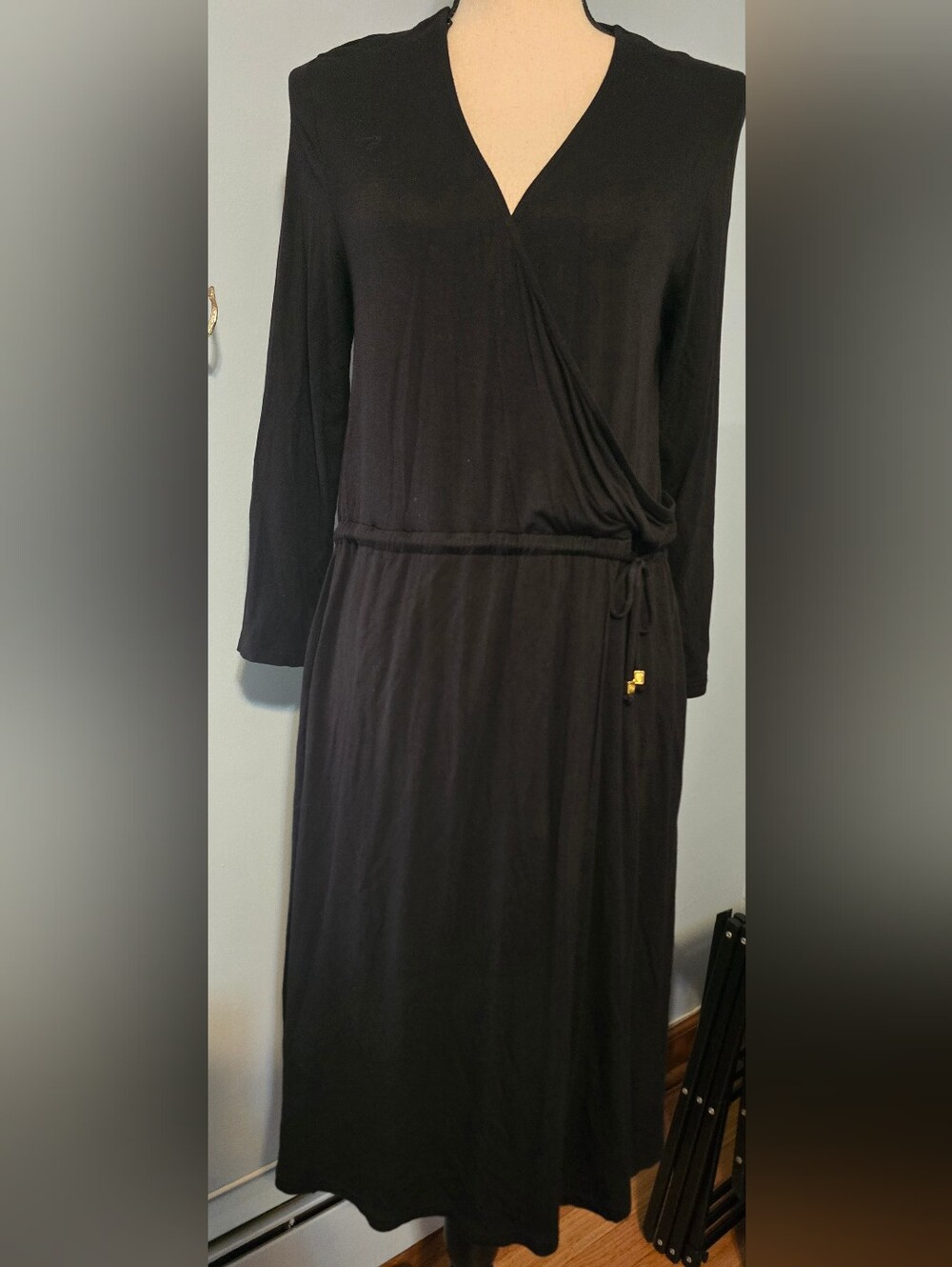 Michael Kors Black Long-Sleeve Wrap Maxi Dress with Gold Accents(26)